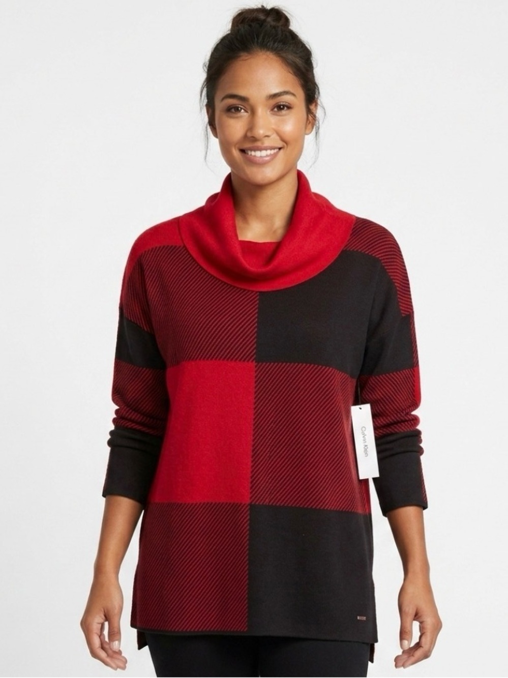 NWT Calvin Klein Knit Cowl Neck Red/Black Plaid Sweater Size S